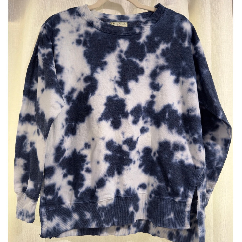 Bobbie Brooks Blue White Tie Dye Sweatshirt Crewneck Side Slit Pullover Womens M